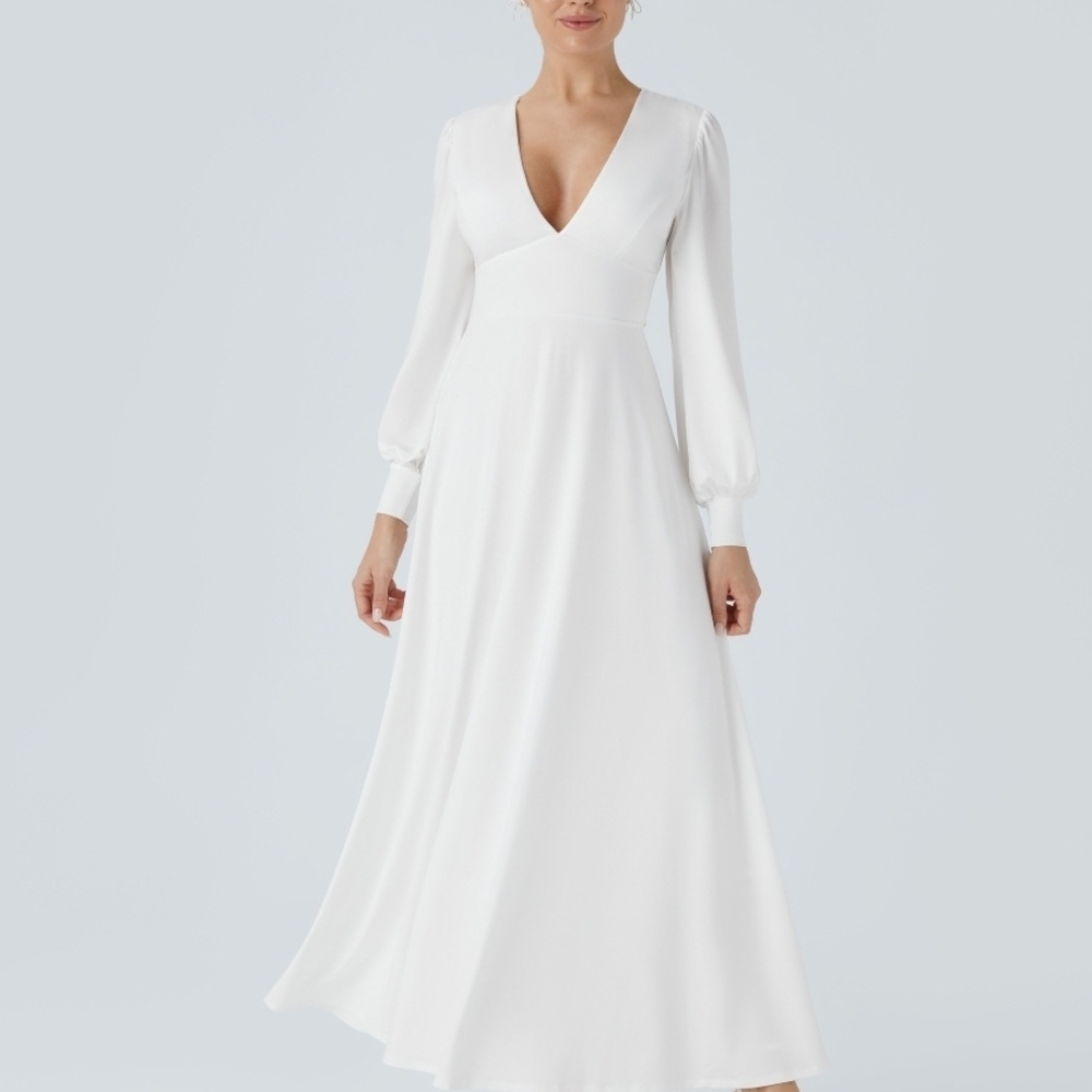 Halara V Neck Long Sleeve Backless Tie Back Button Bishop Sleeve Maxi